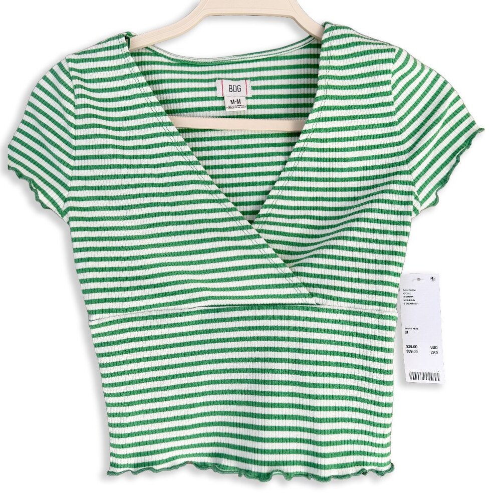 Urban Outfitters BDG Madi Ribbed V-Neck Striped Top Green/White Size M - Picture 2 of 9